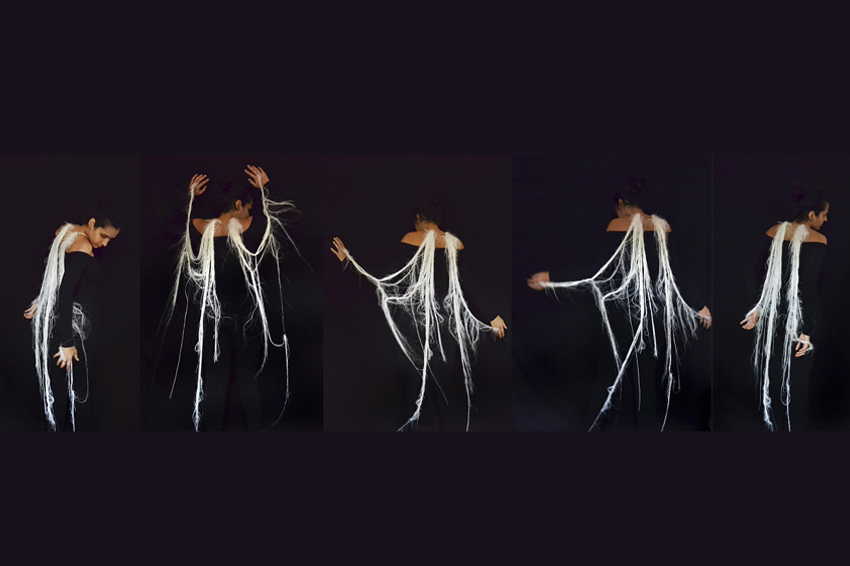 Atelier Mourão: Dalva Oriana, Atelier Mourão, «Sutil Controle», 2021. Necklace and rings (silver and polyester), 14,5 x 150 x 15 cm. Photography: Dalva Oriana